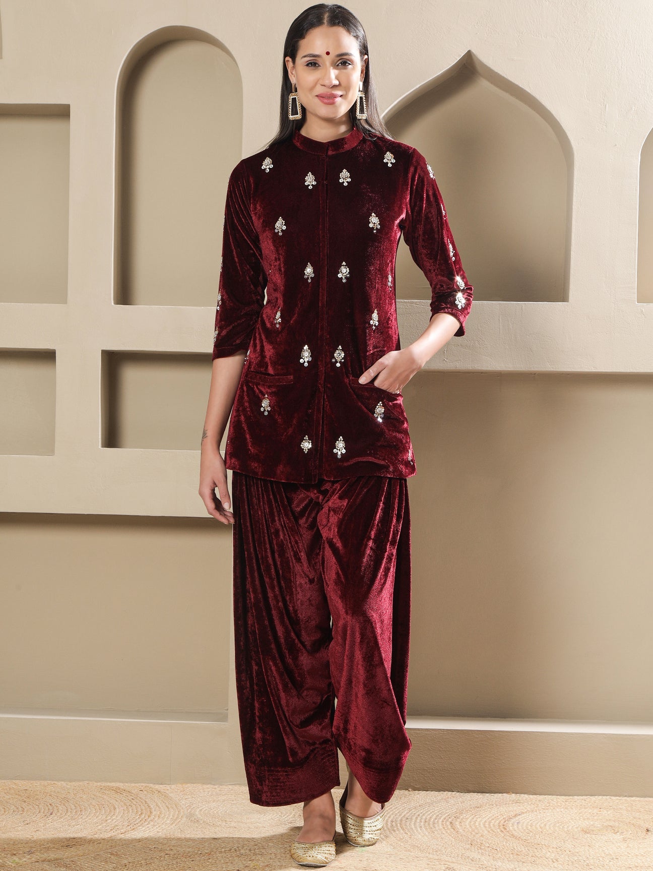 Designer Partywear Maroon Velvet Hand-Embellished Kurta with Farshi Salwar