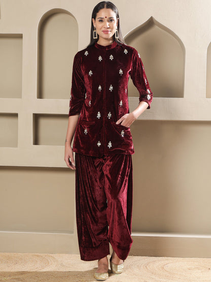 Designer Partywear Maroon Velvet Hand-Embellished Kurta with Farshi Salwar