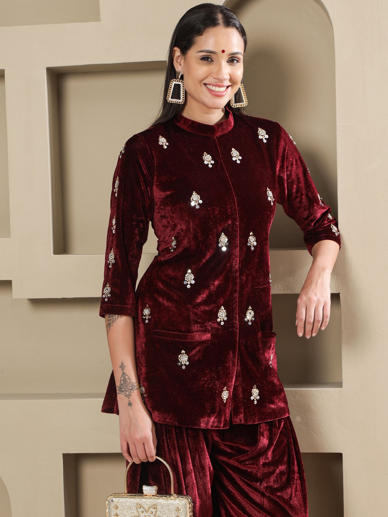 Designer Partywear Maroon Velvet Hand-Embellished Kurta with Farshi Salwar