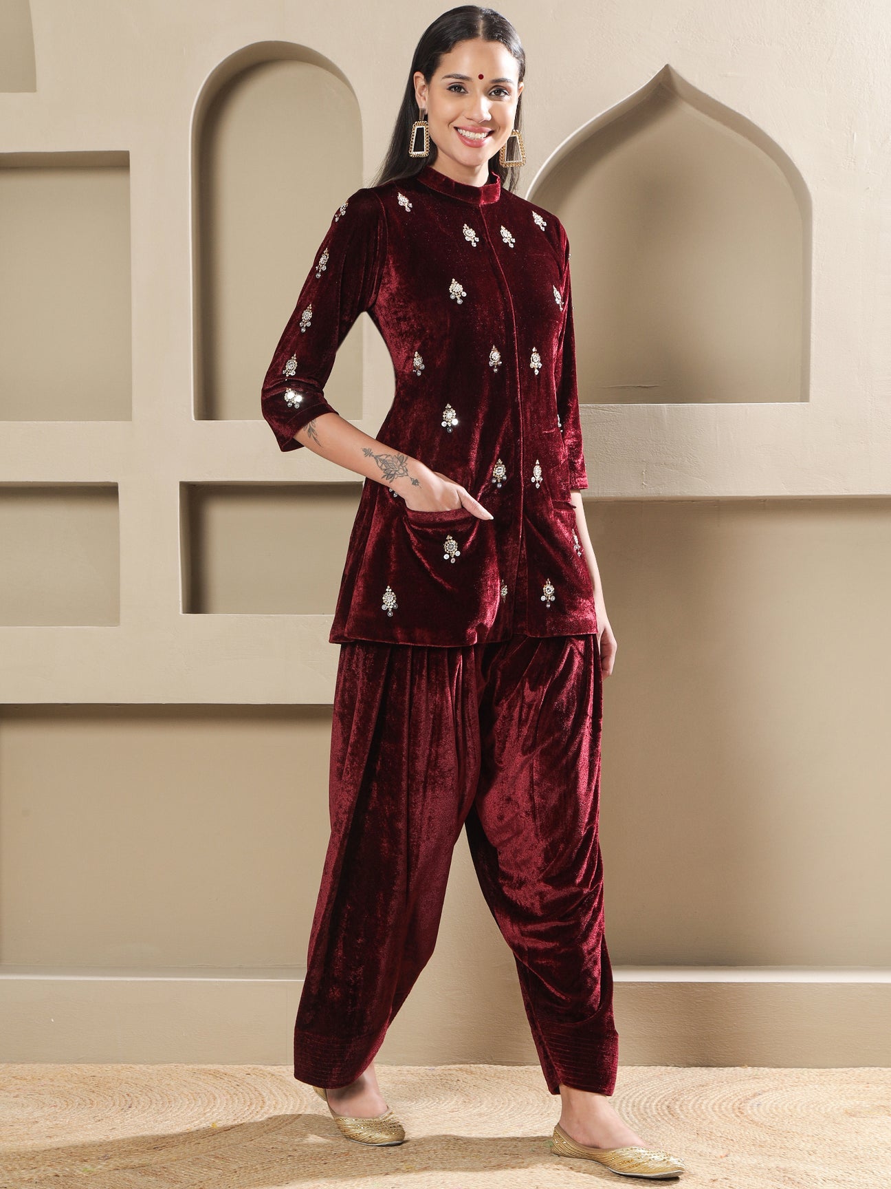 Designer Partywear Maroon Velvet Hand-Embellished Kurta with Farshi Salwar