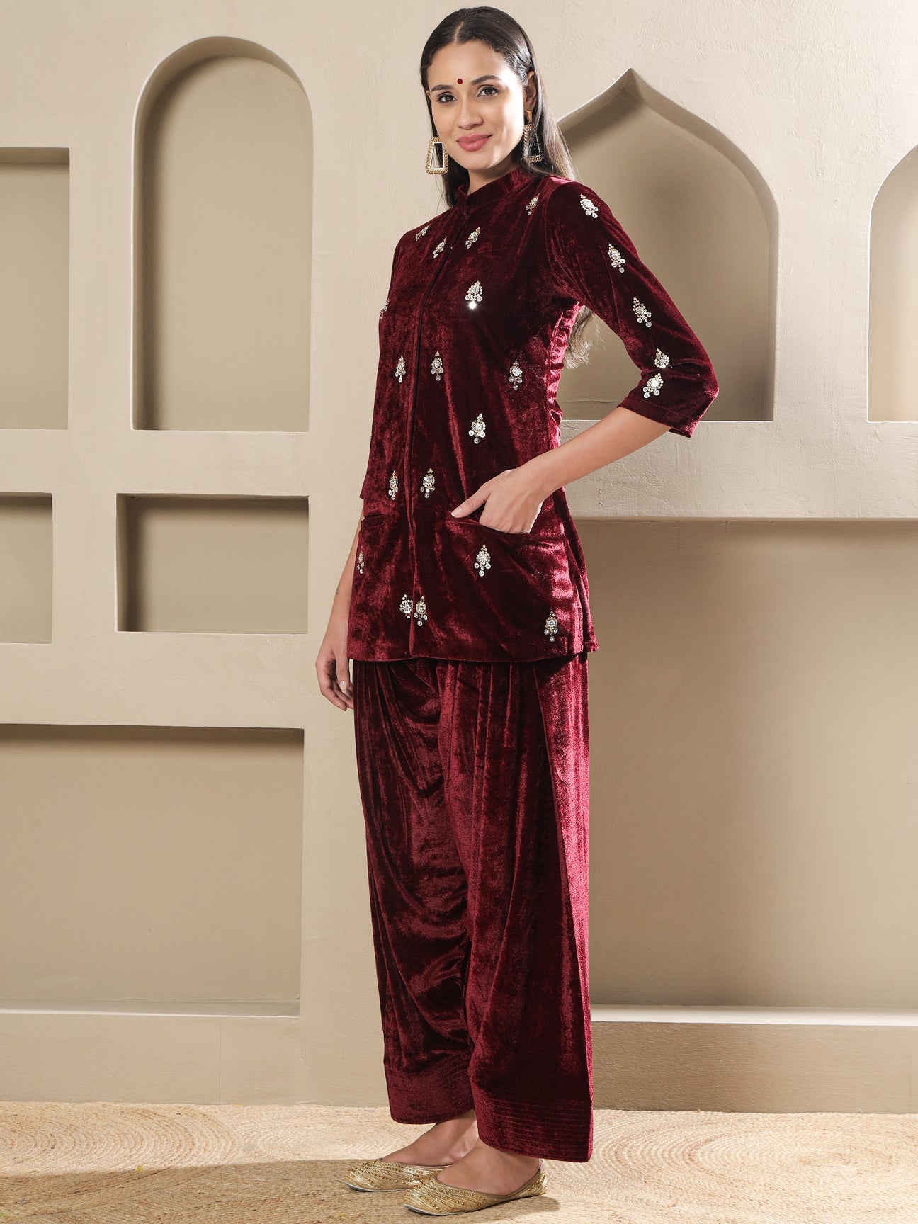 Designer Partywear Maroon Velvet Hand-Embellished Kurta with Farshi Salwar