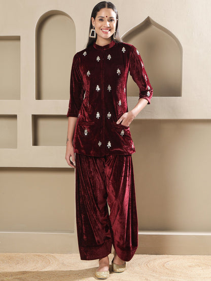 Designer Partywear Maroon Velvet Hand-Embellished Kurta with Farshi Salwar