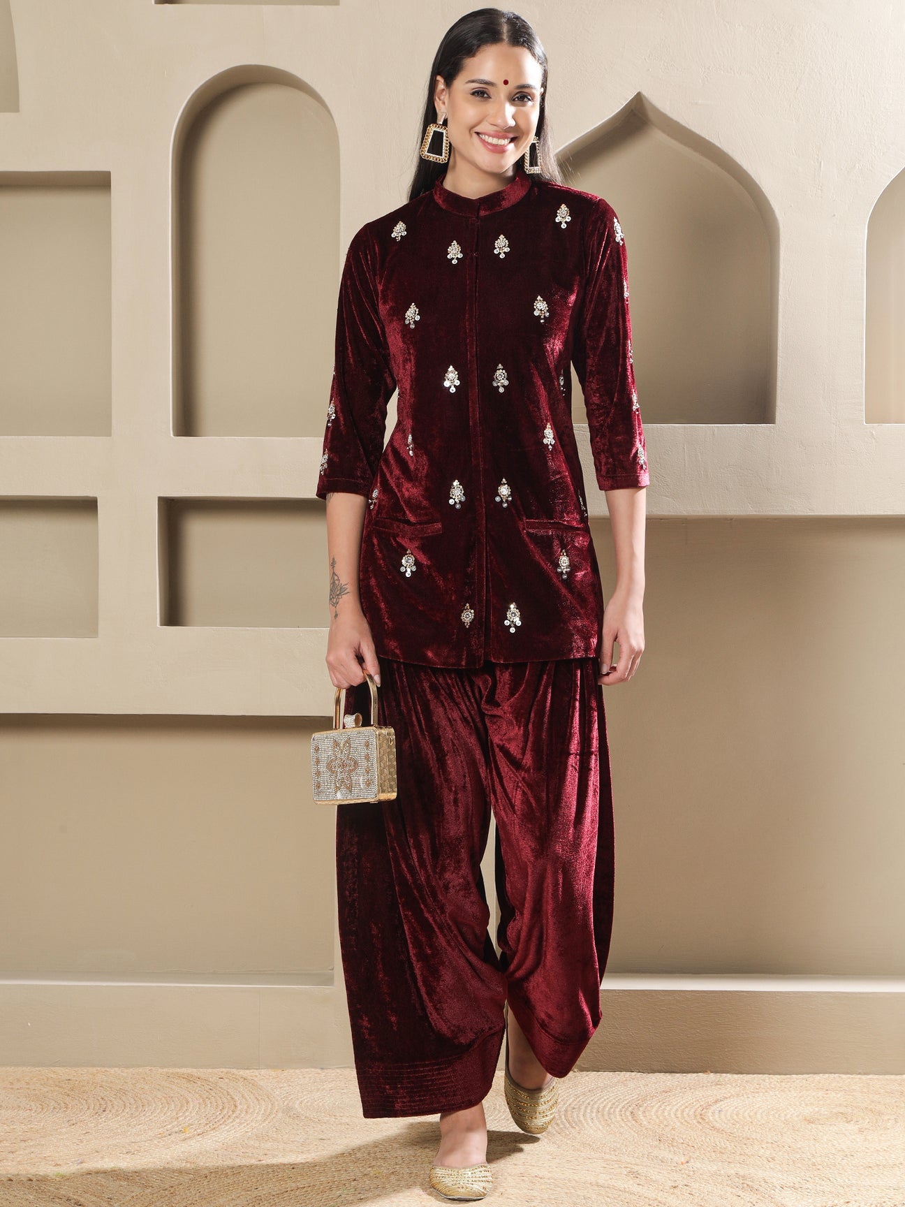 Designer Partywear Maroon Velvet Hand-Embellished Kurta with Farshi Salwar