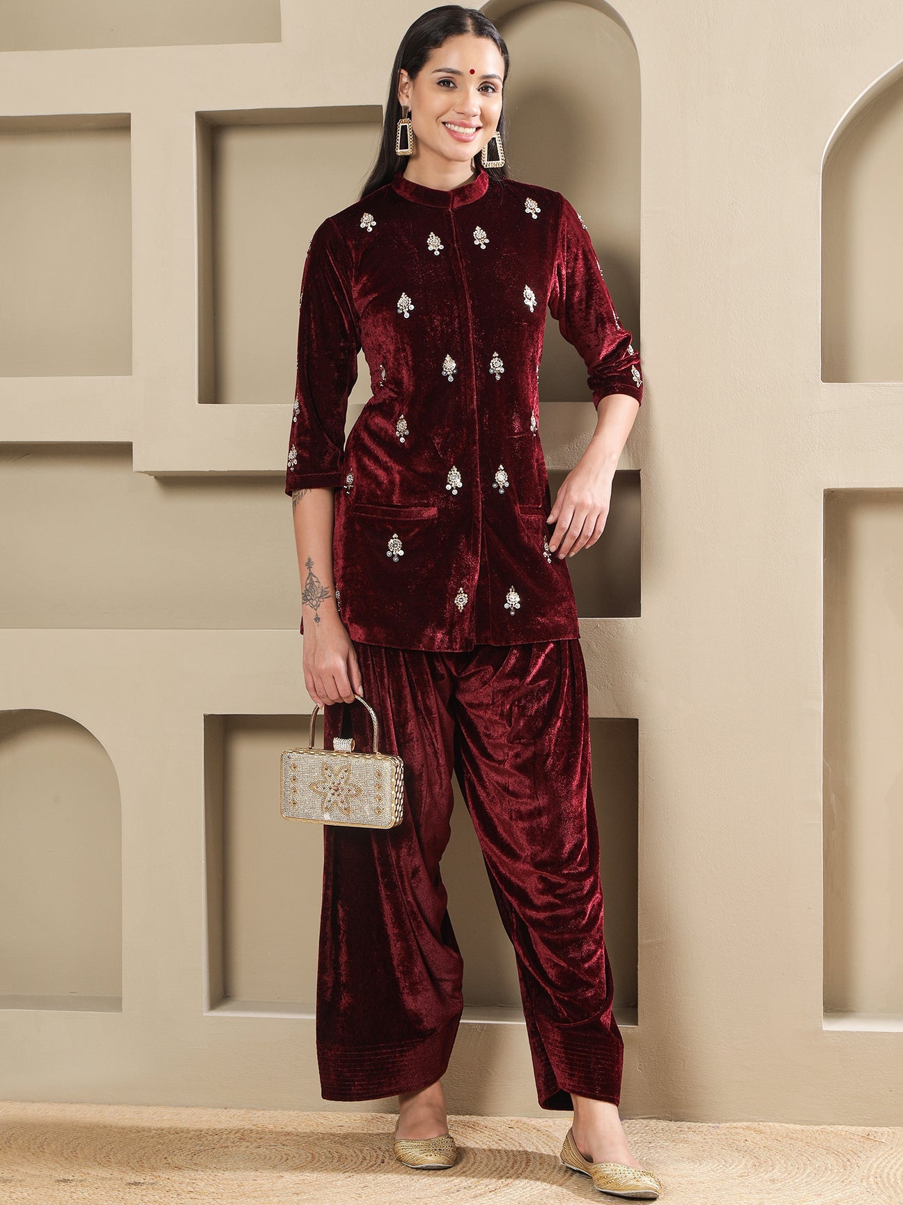 Designer Partywear Maroon Velvet Hand-Embellished Kurta with Farshi Salwar