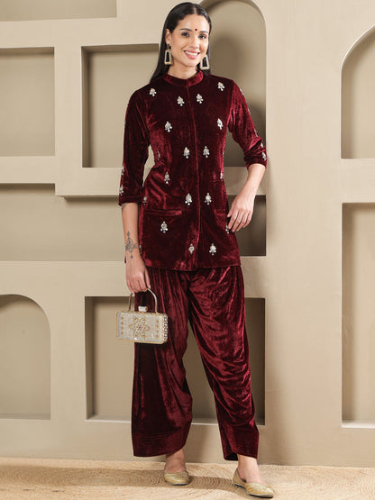 Designer Partywear Maroon Velvet Hand-Embellished Kurta with Farshi Salwar
