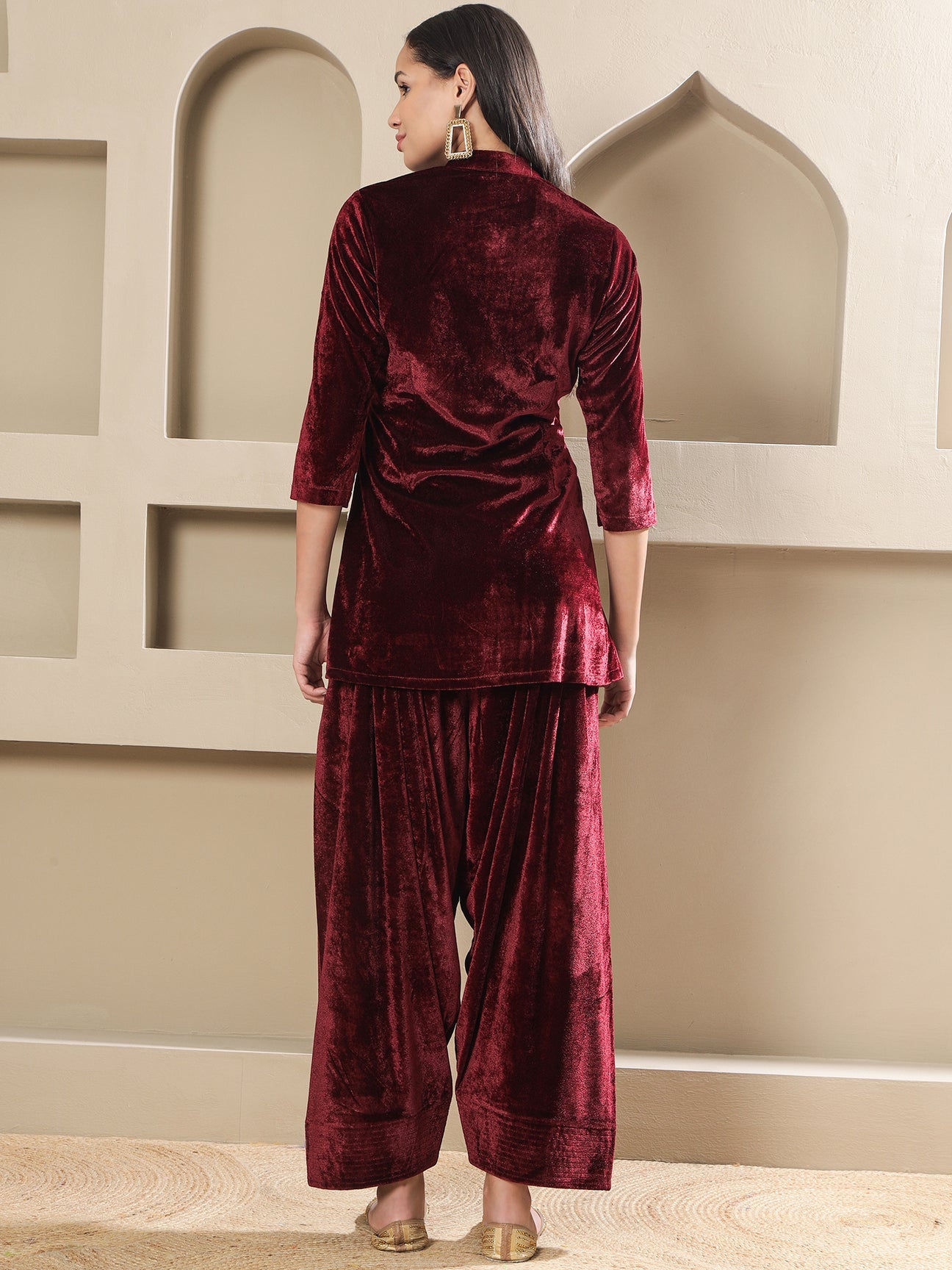 Designer Partywear Maroon Velvet Hand-Embellished Kurta with Farshi Salwar