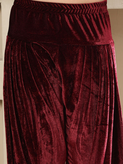 Designer Partywear Maroon Velvet Hand-Embellished Kurta with Farshi Salwar