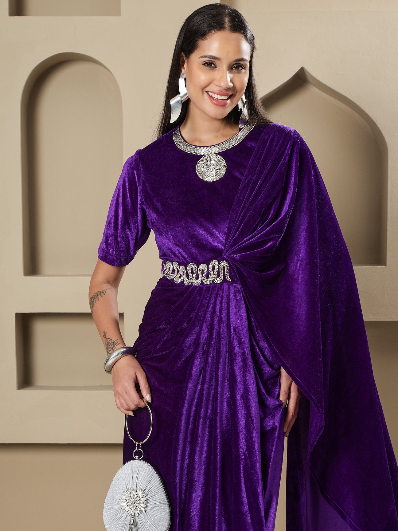 Designer Partywear Purple Velvet Hand-Embellished Drape Gown