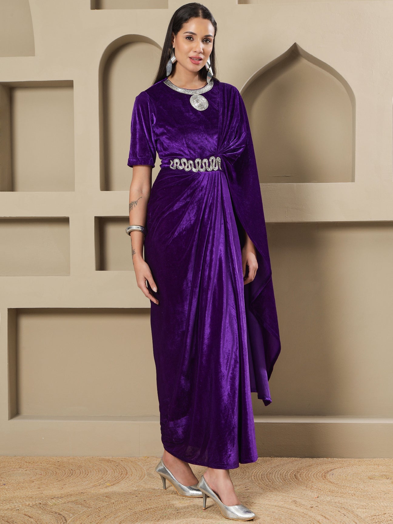 Designer Partywear Purple Velvet Hand-Embellished Drape Gown