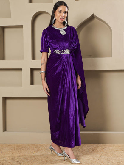 Designer Partywear Purple Velvet Hand-Embellished Drape Gown