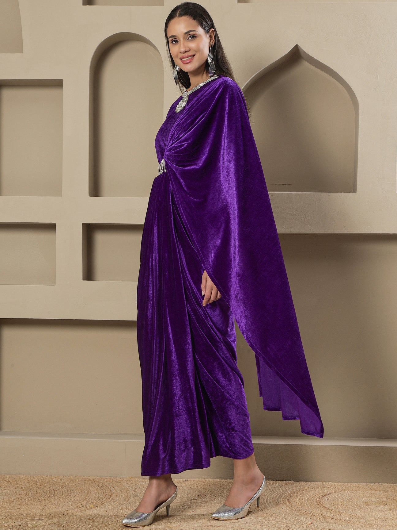 Designer Partywear Purple Velvet Hand-Embellished Drape Gown