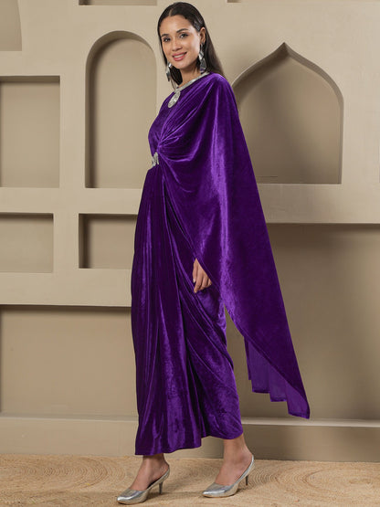 Designer Partywear Purple Velvet Hand-Embellished Drape Gown