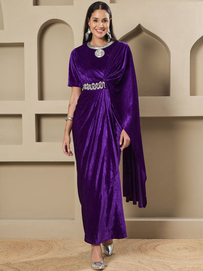 Designer Partywear Purple Velvet Hand-Embellished Drape Gown
