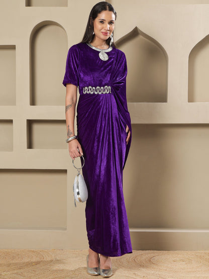 Designer Partywear Purple Velvet Hand-Embellished Drape Gown