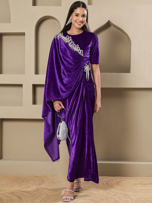Designer Partywear Royal Purple Velvet Hand-Embellished Drape Gown
