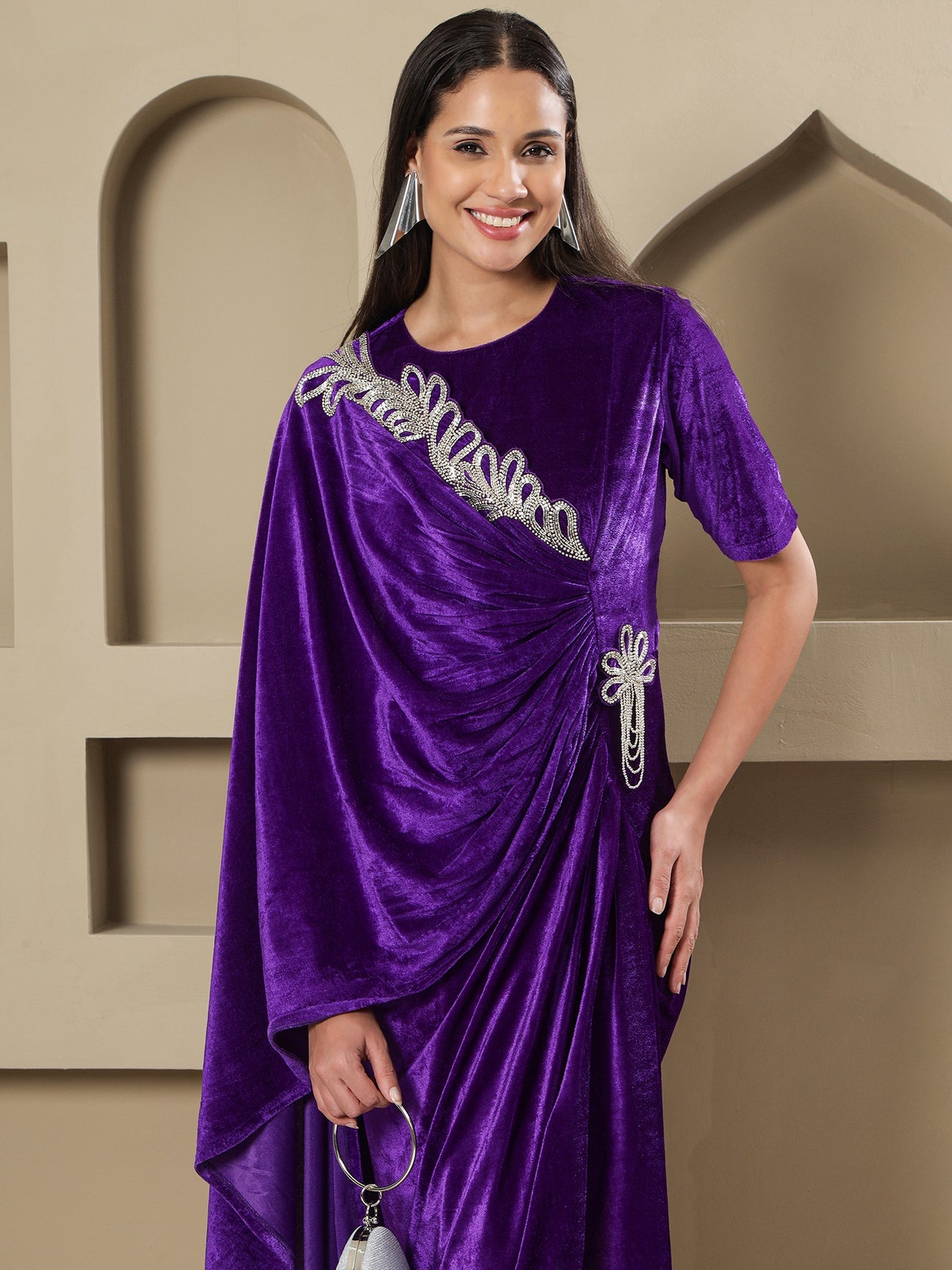 Designer Partywear Royal Purple Velvet Hand-Embellished Drape Gown