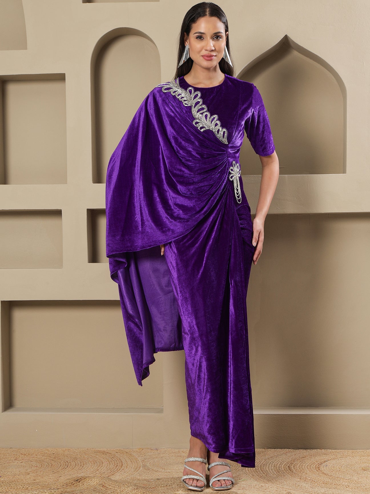 Designer Partywear Royal Purple Velvet Hand-Embellished Drape Gown