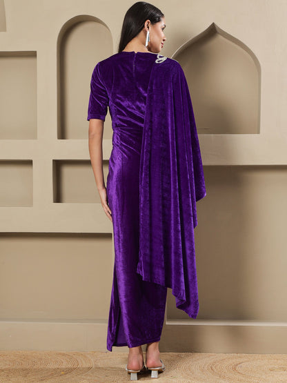 Designer Partywear Royal Purple Velvet Hand-Embellished Drape Gown