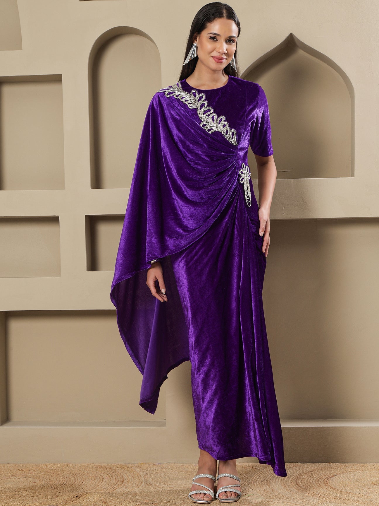 Designer Partywear Royal Purple Velvet Hand-Embellished Drape Gown