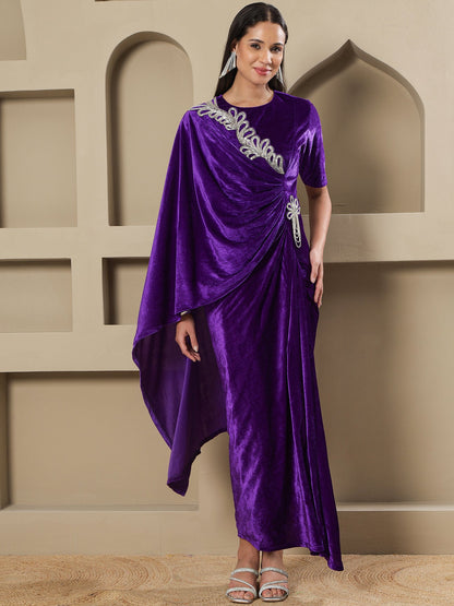 Designer Partywear Royal Purple Velvet Hand-Embellished Drape Gown