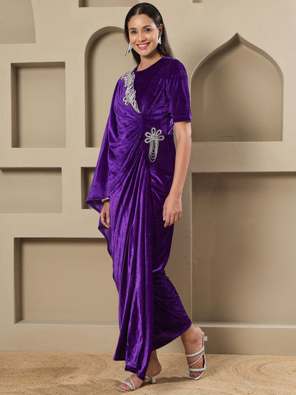 Designer Partywear Royal Purple Velvet Hand-Embellished Drape Gown