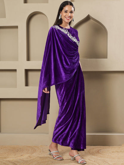 Designer Partywear Royal Purple Velvet Hand-Embellished Drape Gown