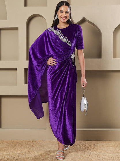Designer Partywear Royal Purple Velvet Hand-Embellished Drape Gown