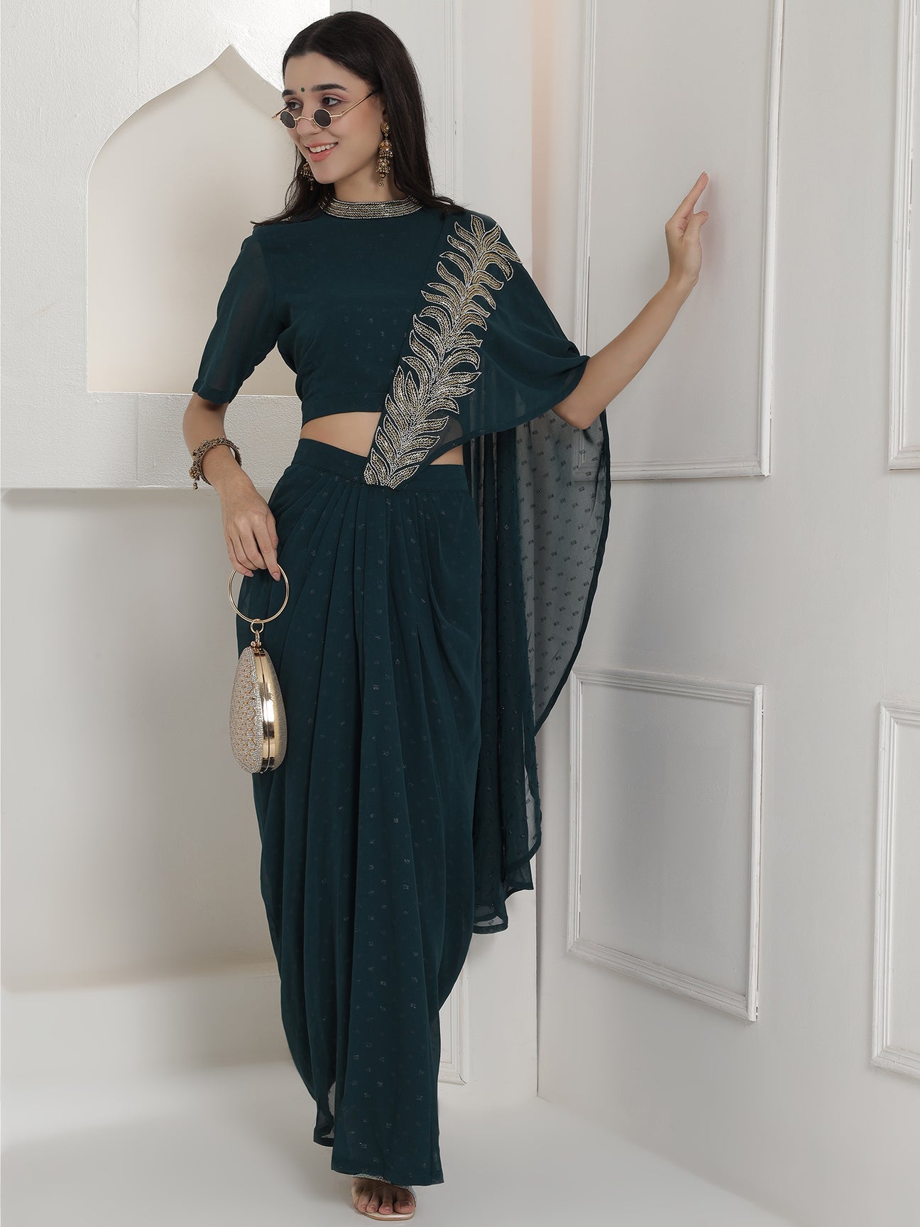 Designer Partywear Royal Teal Hand-Embellished Drape Gown