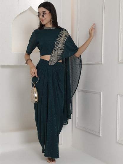 Designer Partywear Royal Teal Hand-Embellished Drape Gown