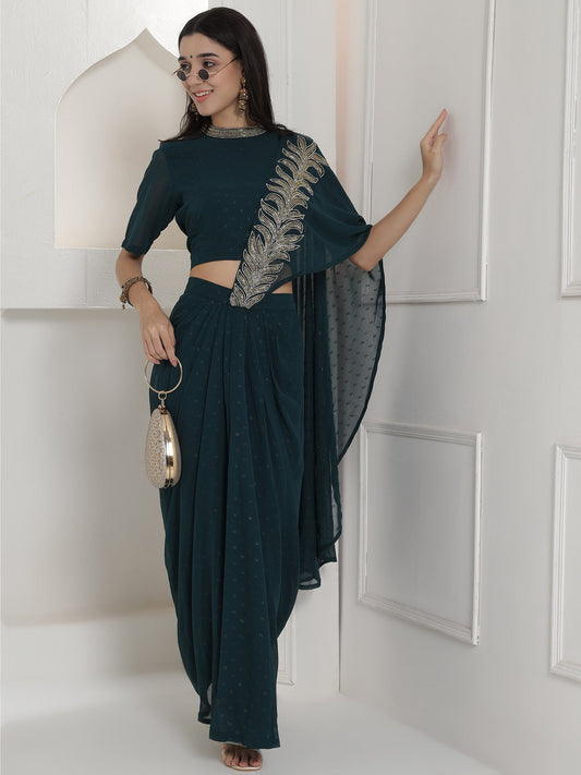 Designer Partywear Royal Teal Hand-Embellished Drape Gown