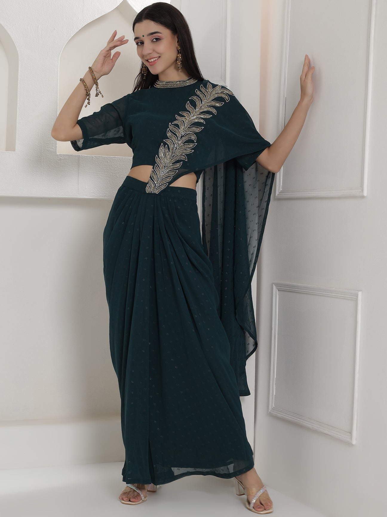 Designer Partywear Royal Teal Hand-Embellished Drape Gown