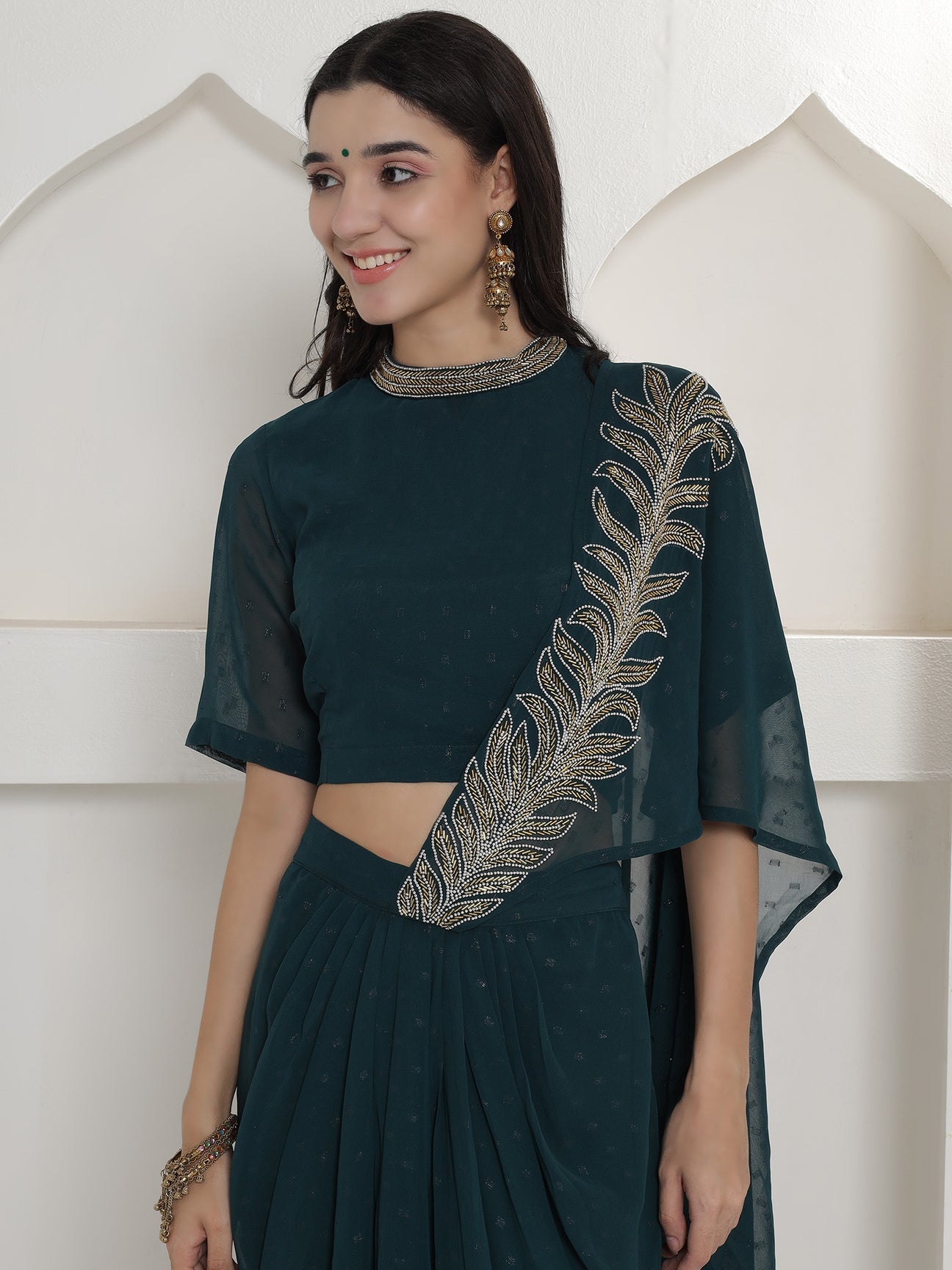 Designer Partywear Royal Teal Hand-Embellished Drape Gown