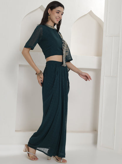 Designer Partywear Royal Teal Hand-Embellished Drape Gown