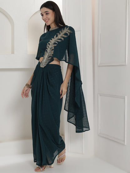 Designer Partywear Royal Teal Hand-Embellished Drape Gown