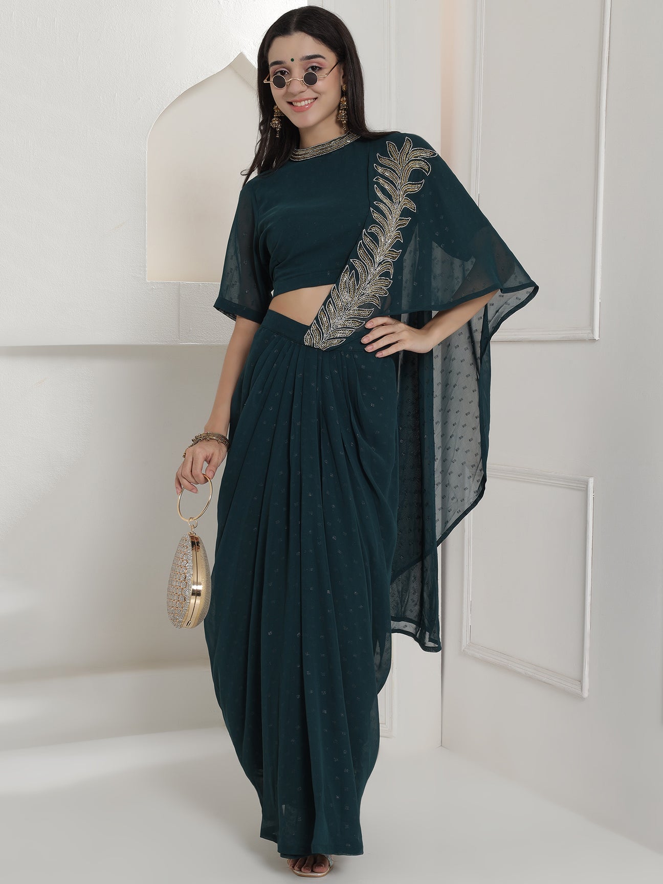 Designer Partywear Royal Teal Hand-Embellished Drape Gown