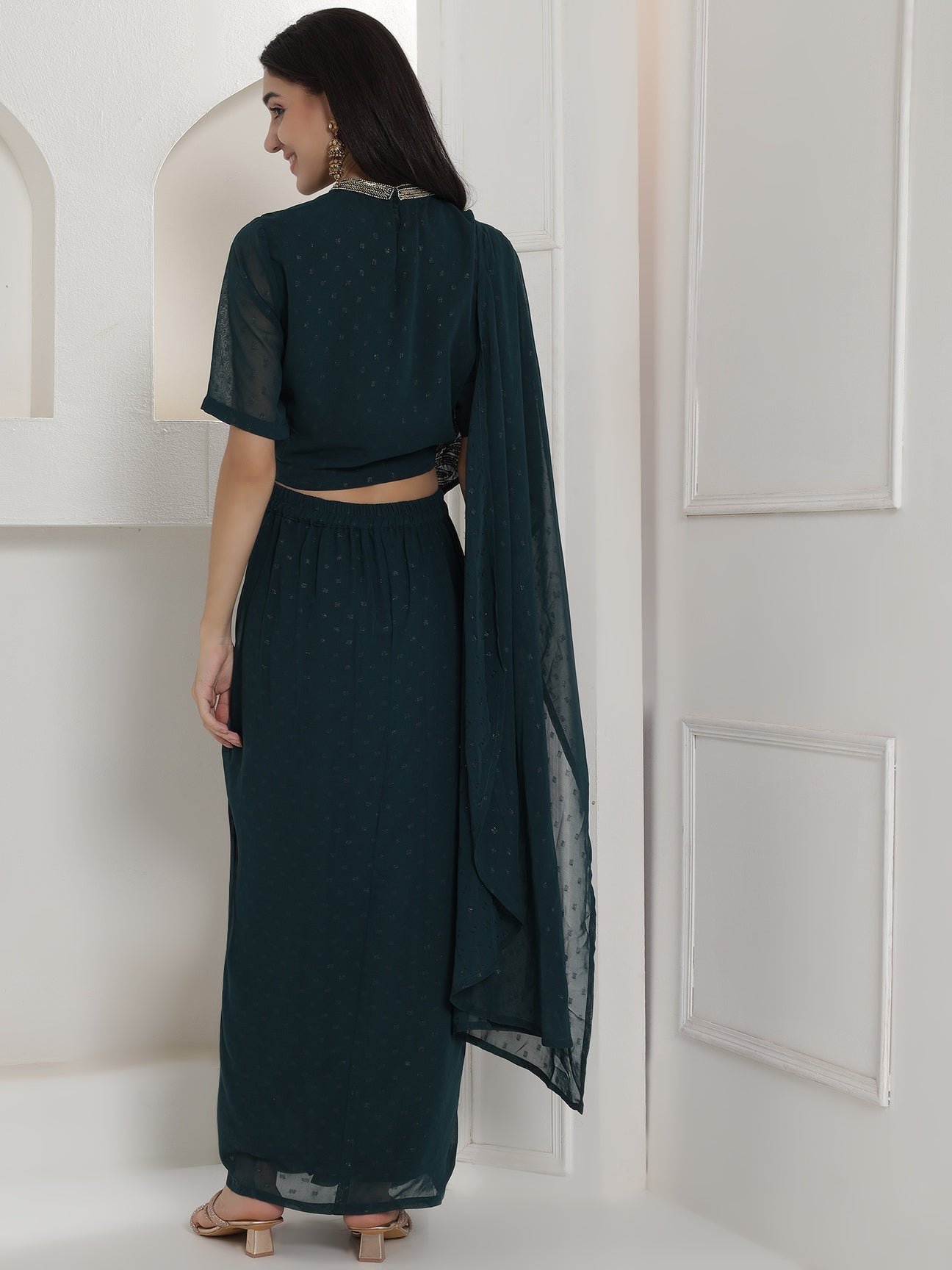 Designer Partywear Royal Teal Hand-Embellished Drape Gown