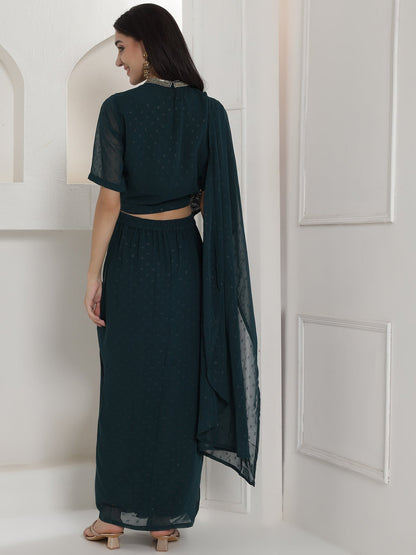 Designer Partywear Royal Teal Hand-Embellished Drape Gown