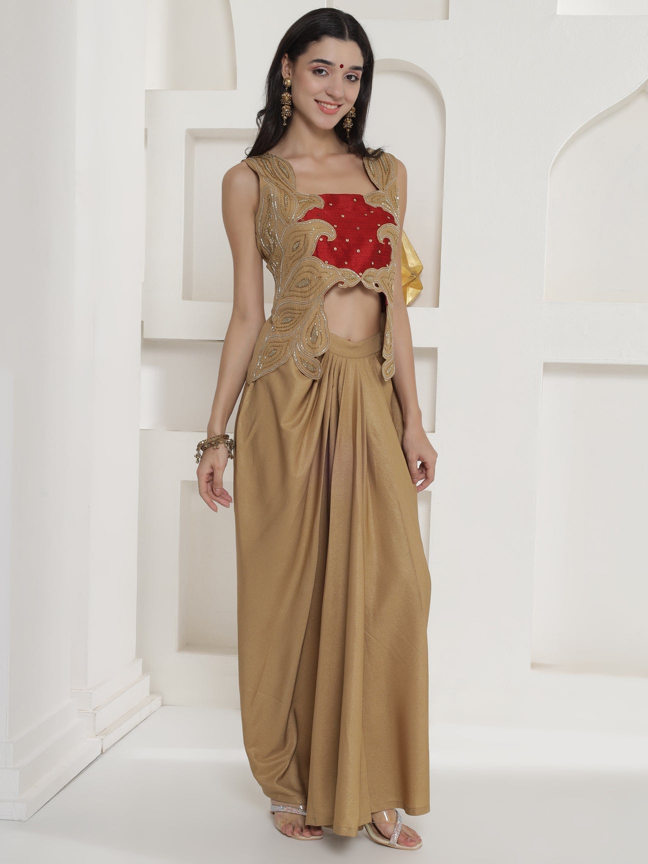 Designer Partywear Golden Beige Hand Embroidered Patchwork Drape Set