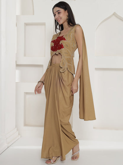 Designer Partywear Golden Beige Hand Embroidered Patchwork Drape Set