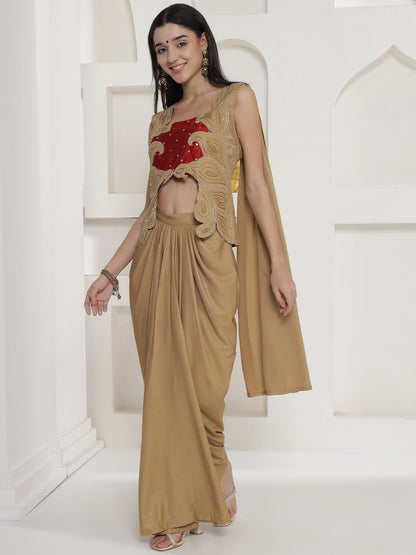 Designer Partywear Golden Beige Hand Embroidered Patchwork Drape Set