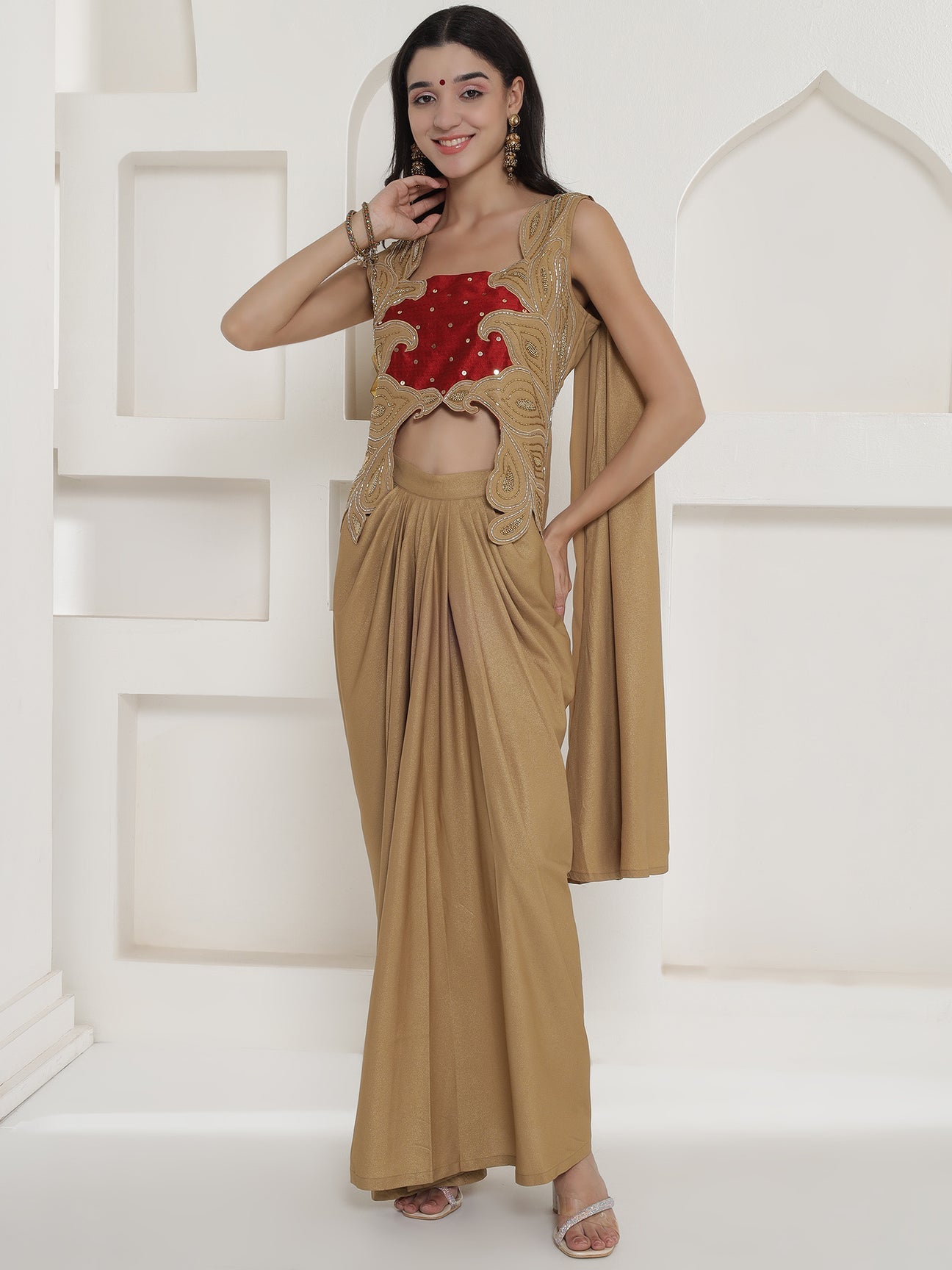 Designer Partywear Golden Beige Hand Embroidered Patchwork Drape Set