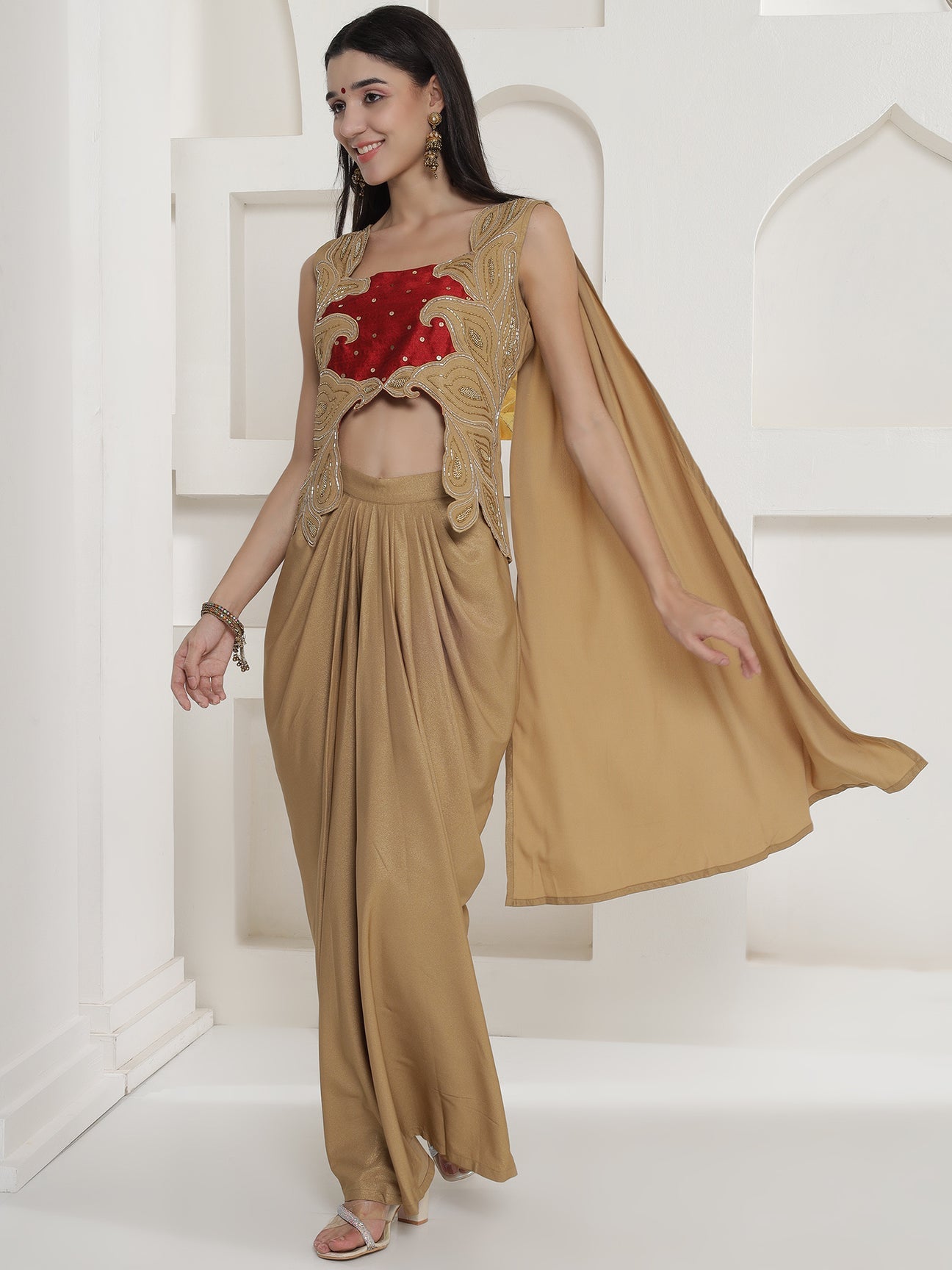 Designer Partywear Golden Beige Hand Embroidered Patchwork Drape Set