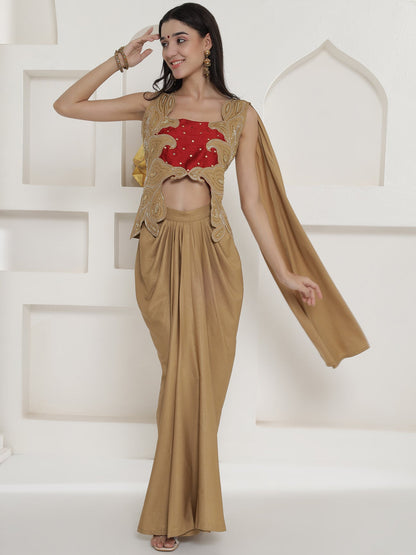 Designer Partywear Golden Beige Hand Embroidered Patchwork Drape Set