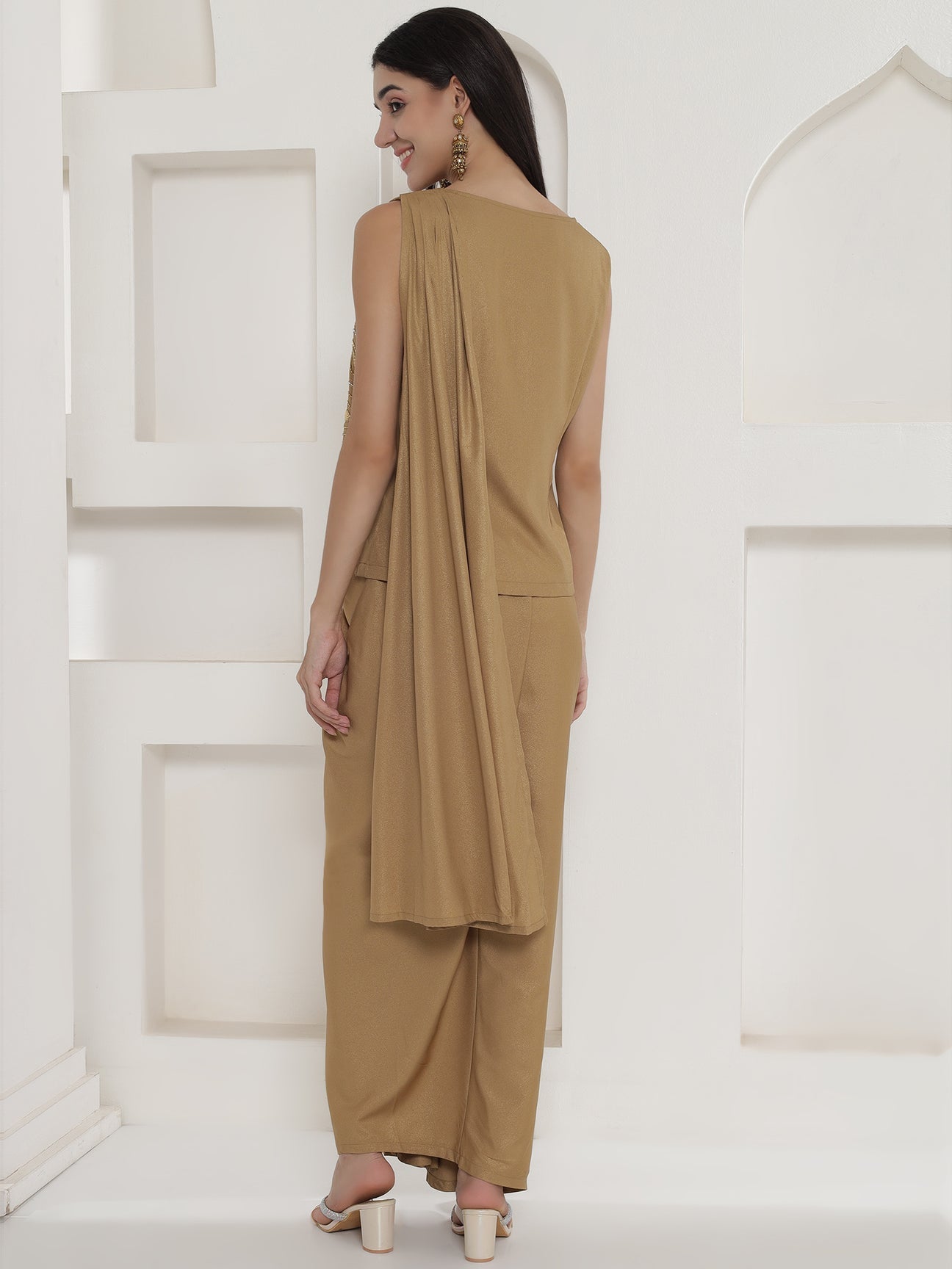 Designer Partywear Golden Beige Hand Embroidered Patchwork Drape Set