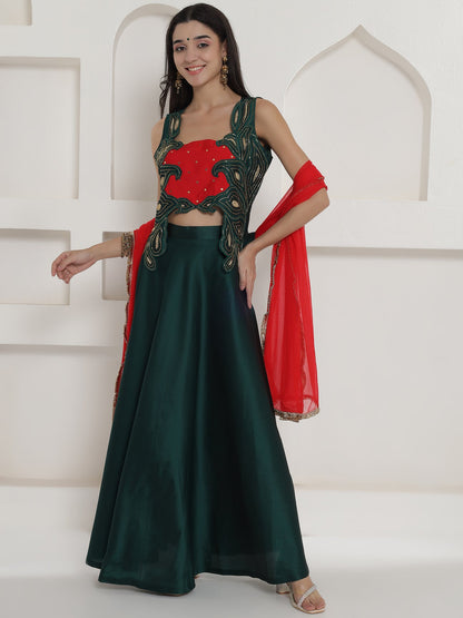 Designer Partywear Green Hand Embellished Patchwork Silk Lehenga Set