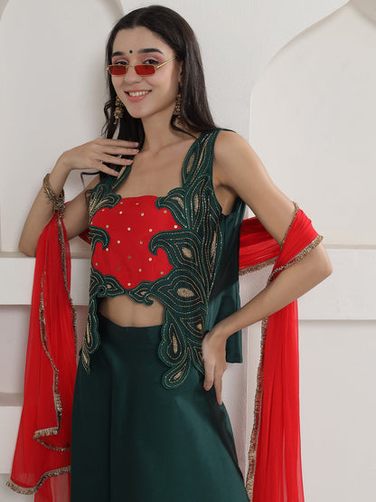 Designer Partywear Green Hand Embellished Patchwork Silk Lehenga Set