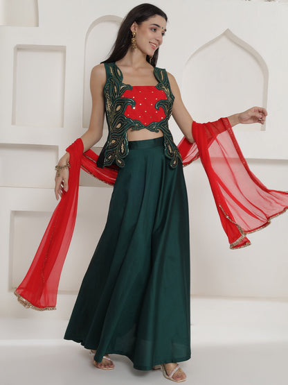 Designer Partywear Green Hand Embellished Patchwork Silk Lehenga Set