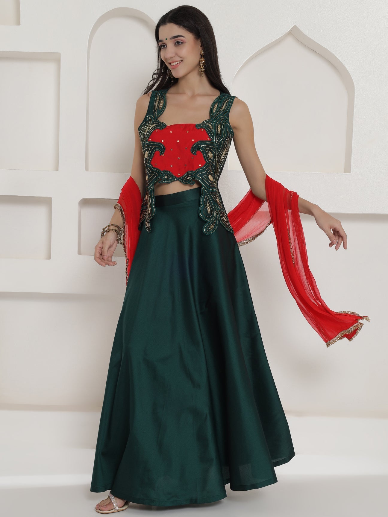 Designer Partywear Green Hand Embellished Patchwork Silk Lehenga Set