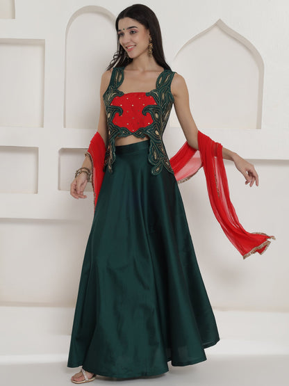 Designer Partywear Green Hand Embellished Patchwork Silk Lehenga Set
