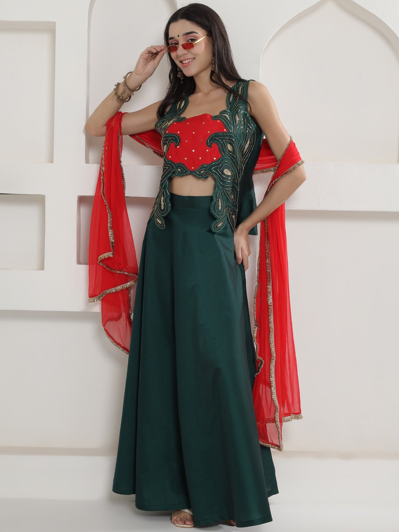 Designer Partywear Green Hand Embellished Patchwork Silk Lehenga Set